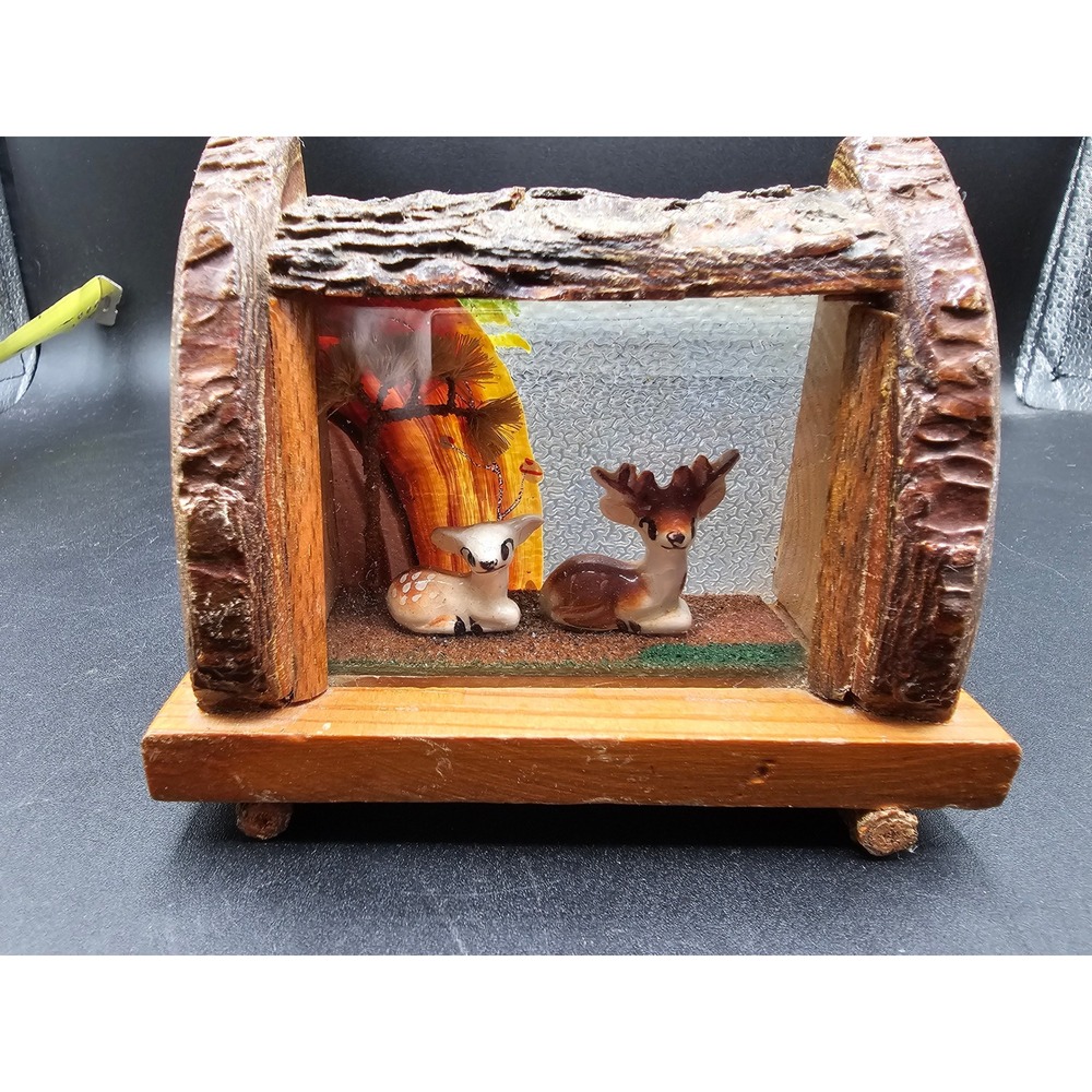 Vintage Victoria Ceramics Japan Deer Diorama Rustic Log Wood Frame Figurine